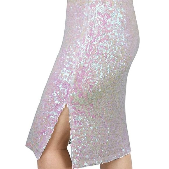 White/Pink Multi-hue Sequin Midi Skirt L *NWT* - Picture 2 of 8